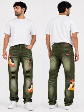 Men's Olive Distressed Patchwork Jeans men’s size 40-32